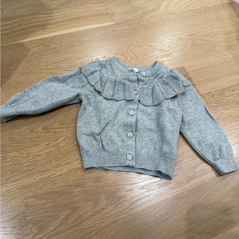 Aimama Gray Knit 100% cotton kids Cardigan with Ruffle Detail 18 month